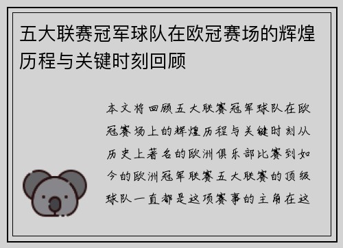 五大联赛冠军球队在欧冠赛场的辉煌历程与关键时刻回顾