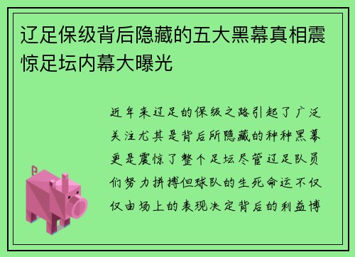 辽足保级背后隐藏的五大黑幕真相震惊足坛内幕大曝光