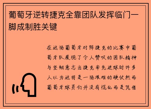 葡萄牙逆转捷克全靠团队发挥临门一脚成制胜关键
